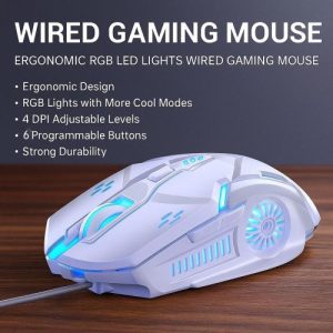 addigoes Gaming Mouse Wired,6 Buttons, 4 Adjustable DPI Up to 3200 DPI, 7 Circular & Breathing LED Light, Multifunction Wired Mouse Used for Games and Office(White)