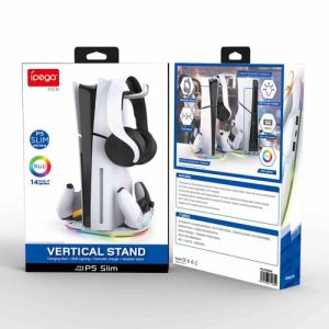 Ipega Vertical Stand for PS5 Pro/PS 5 Slim with RGB LED Lighting, LED Base Station Dual Controller Quick Charger Dock Station with Heaphone Hanger Holder for Playstation 5 Slim
