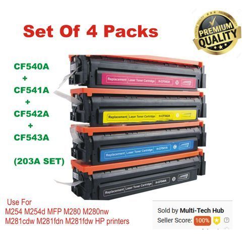 CF540A, CF541A, CF542A, CF543A (203A) 4 Pack Compatible Toner Cartridge Combo For  Color LaserJet Pro M254dw, M254nw, MFP M280nw, MFP M281fdn, MFP M281fdw Printer (Black/Cyan/Magenta/Yellow)